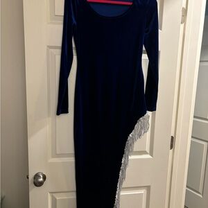 Elegant Navy Blue Velvet Dress with Fringe Detail